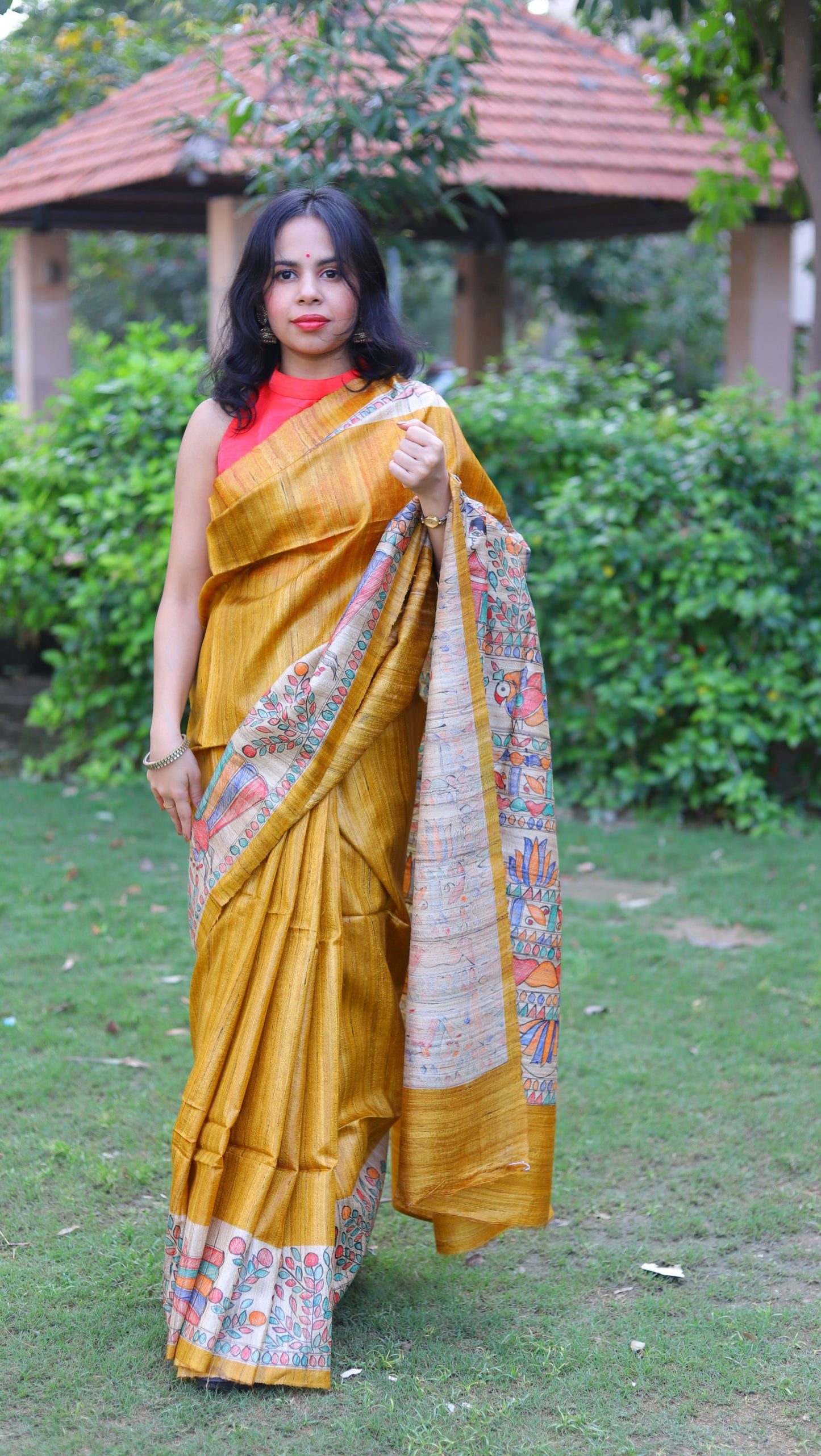 Mustard Yellow Handpainted Handloom Tussar Silk Saree