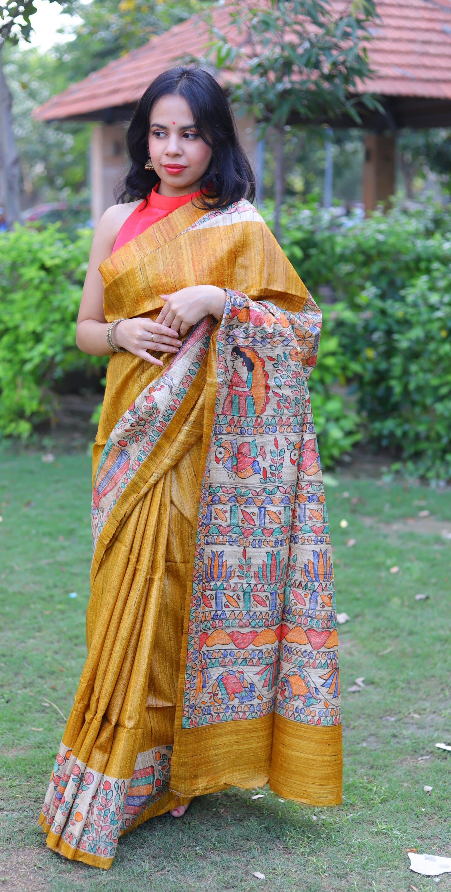 Mustard Yellow Handpainted Handloom Tussar Silk Saree