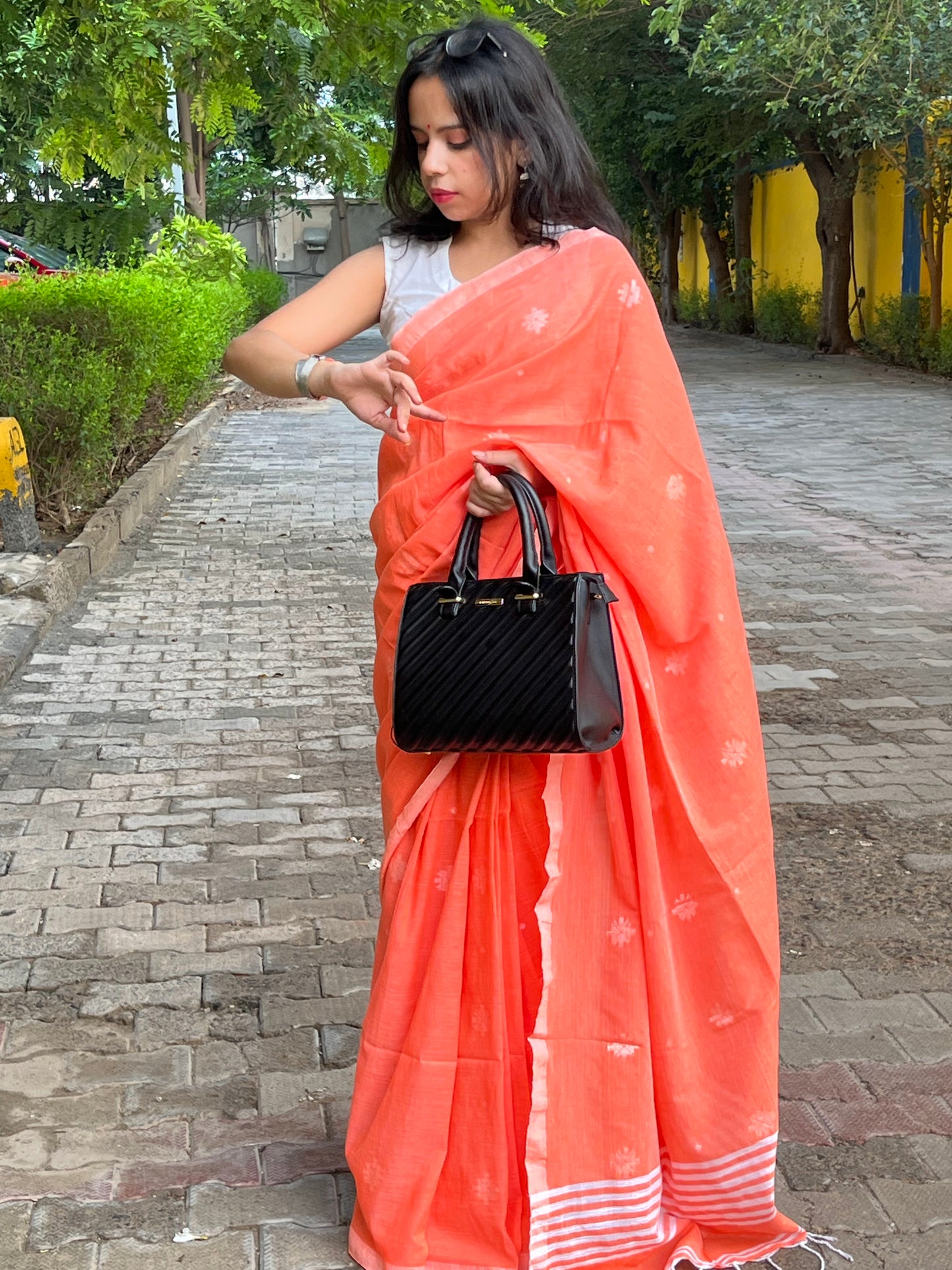 PRABHA - Orange Khadi Cotton Jamdani Saree