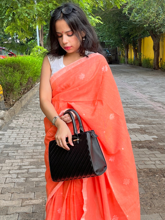 PRABHA - Orange Khadi Cotton Jamdani Saree