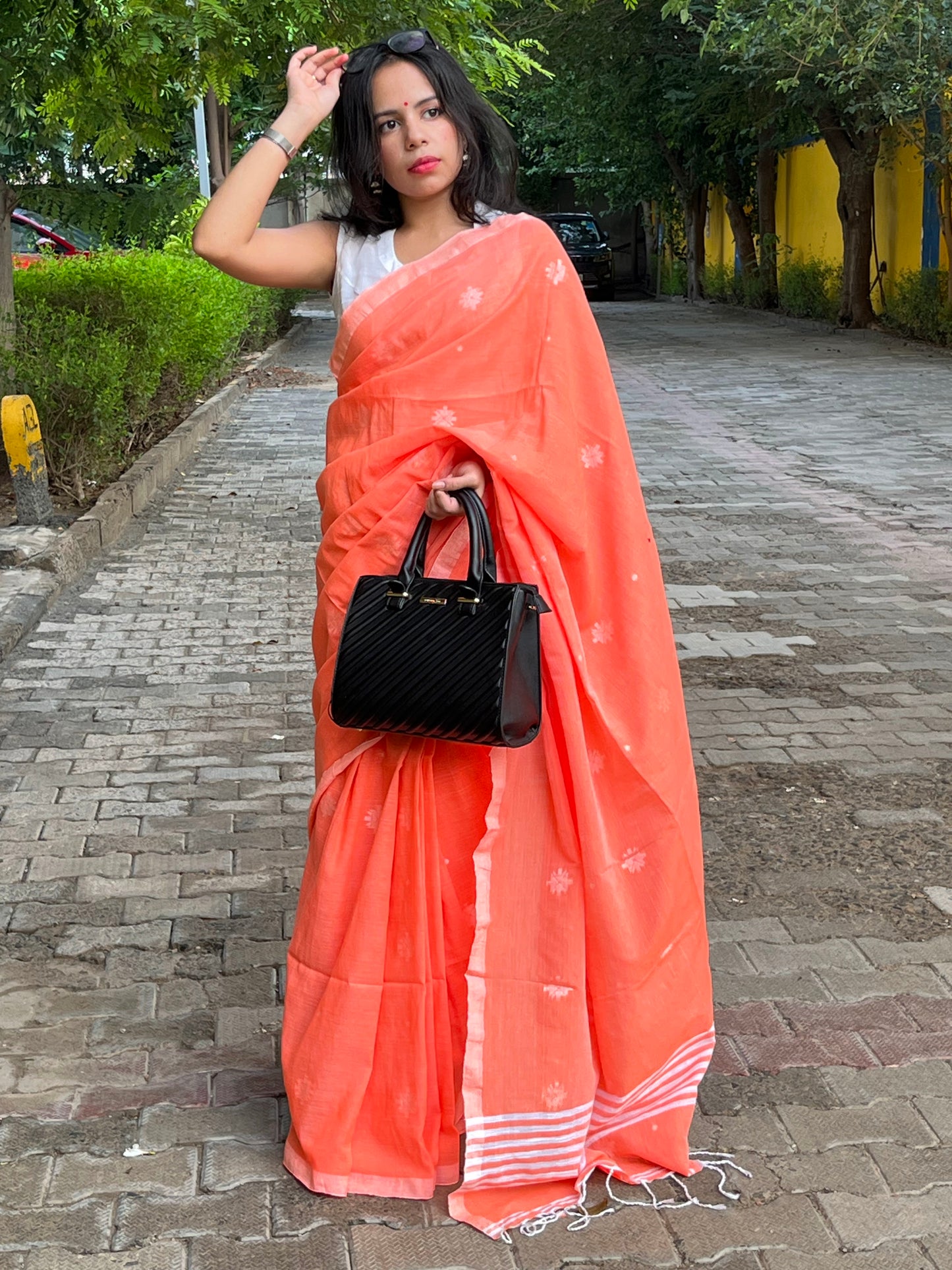PRABHA - Orange Khadi Cotton Jamdani Saree