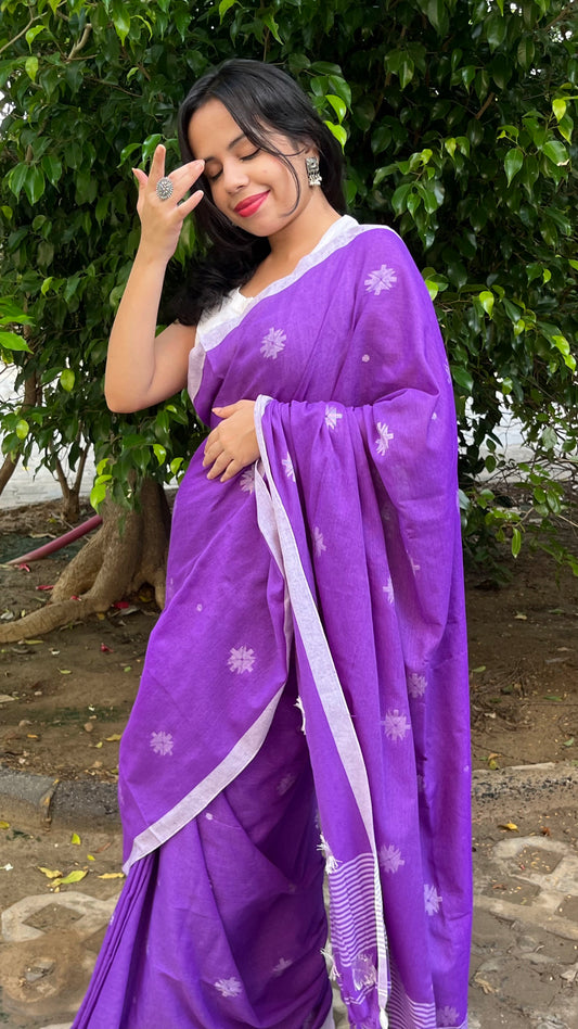 PRAGYA - Purple Khadi Cotton Jamdani Saree