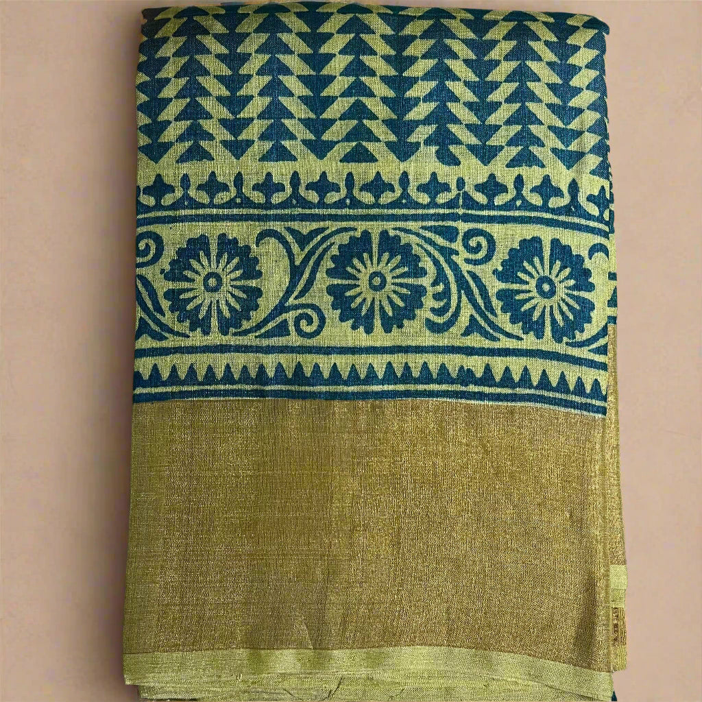 Mudita - Lemon & Teal Printed Pure Tussar Silk Saree