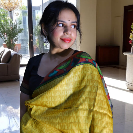 Yellow Printed Tussar Silk Saree