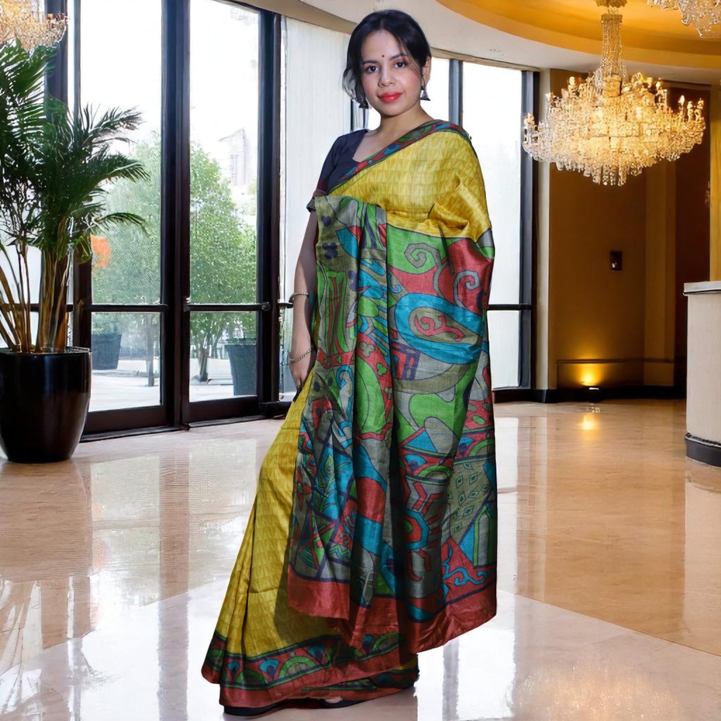 Yellow Printed Tussar Silk Saree