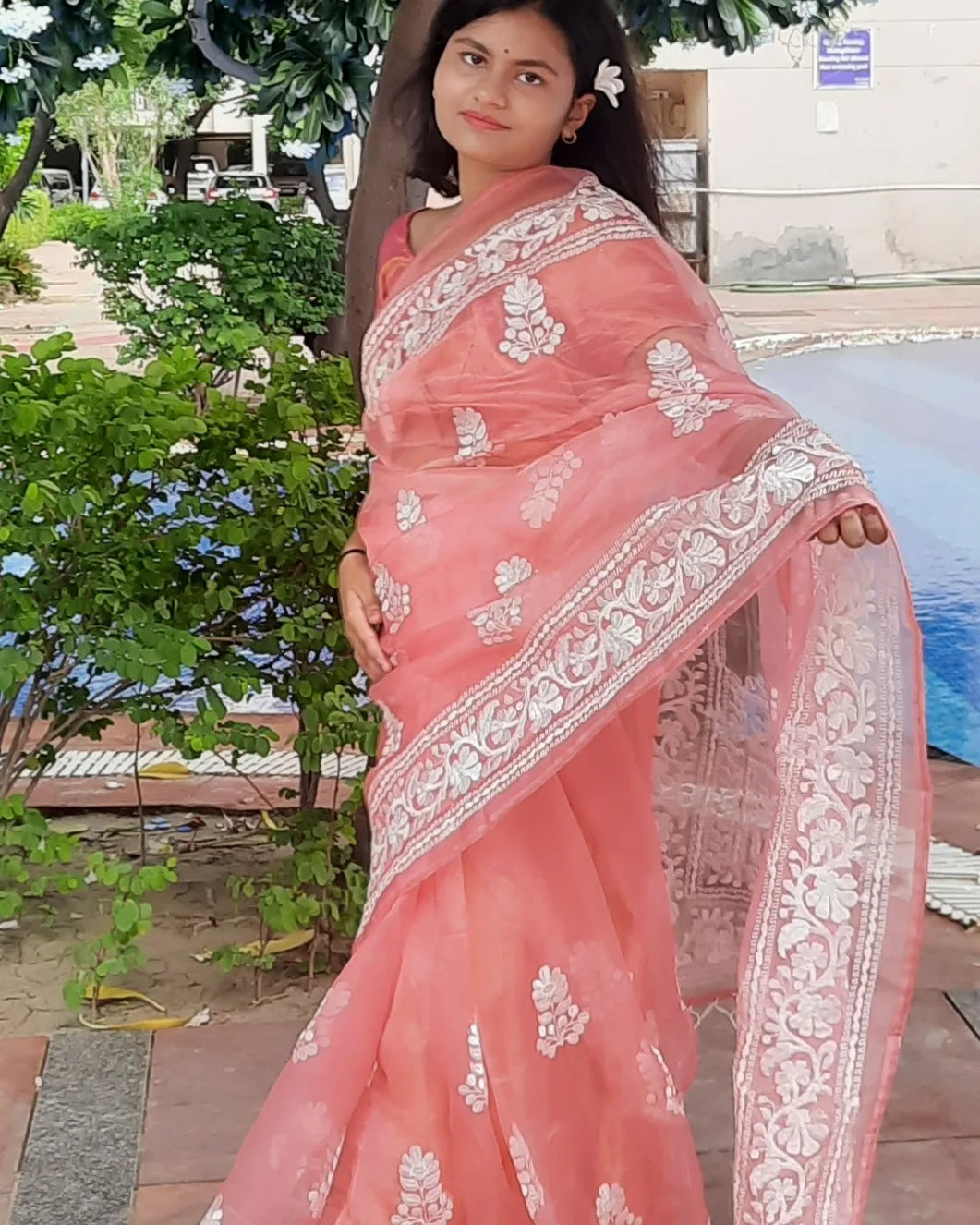 Peach Organza Embroidered Saree