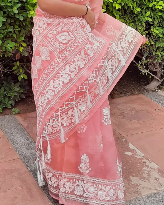 Peach Organza Embroidered Saree