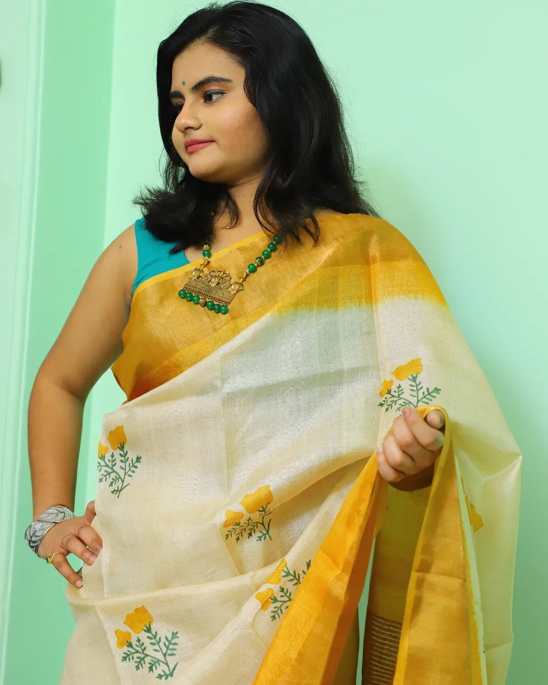 Off White Tussar Silk Saree with Yellow Floral Motifs