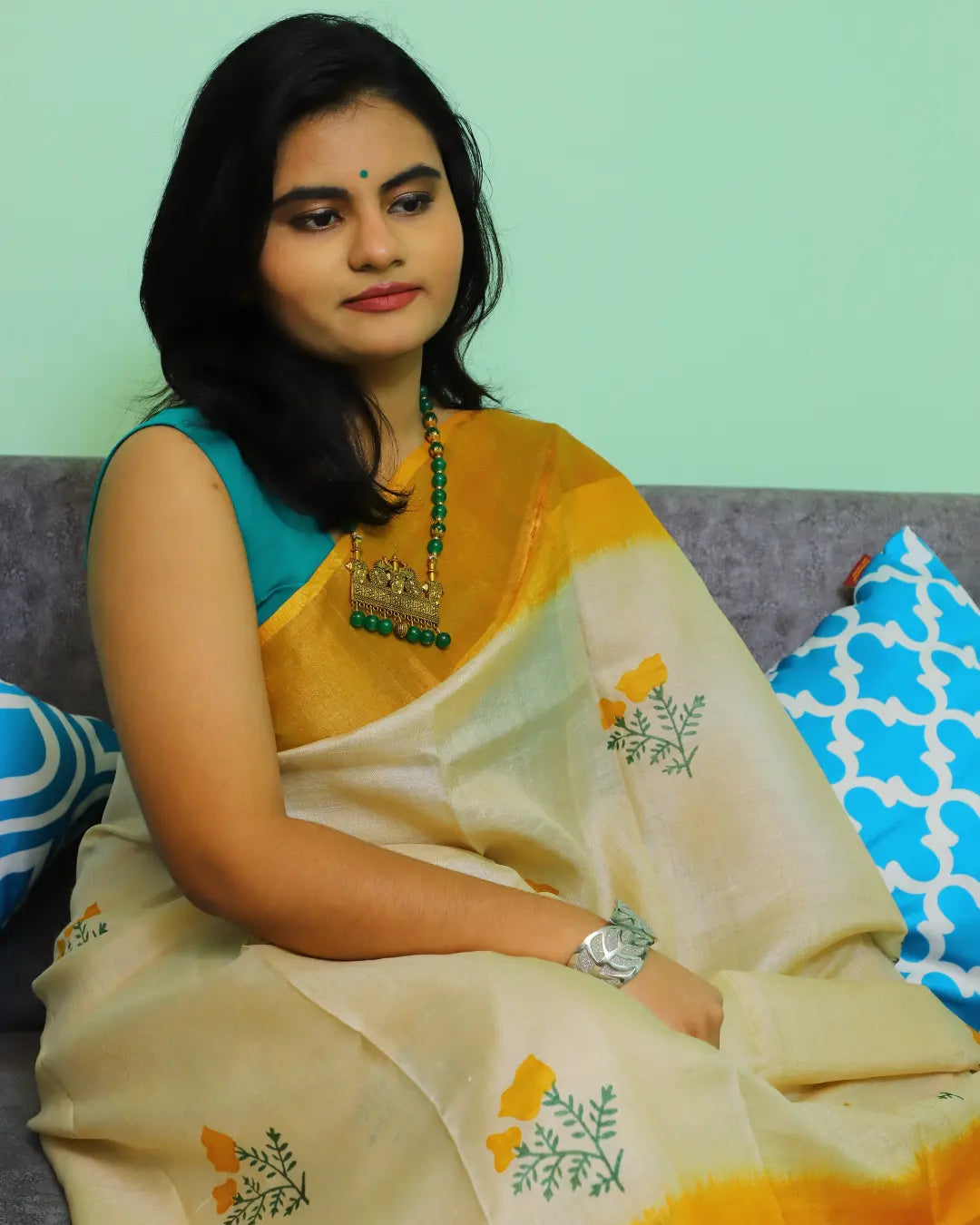 Off White Tussar Silk Saree with Yellow Floral Motifs
