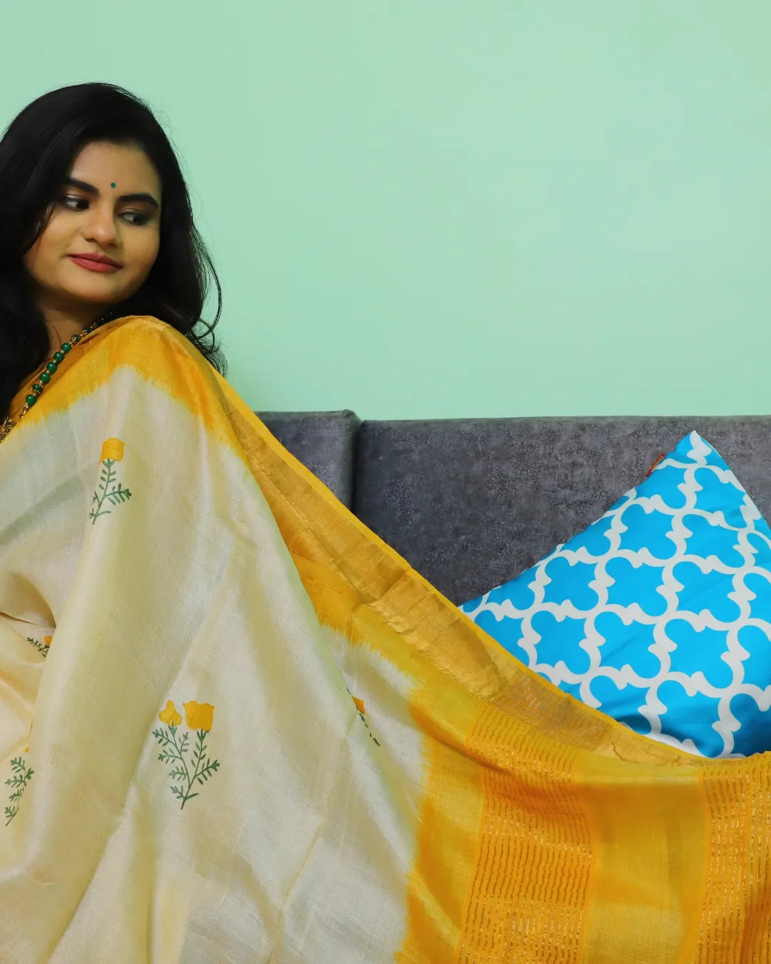 Off White Tussar Silk Saree with Yellow Floral Motifs