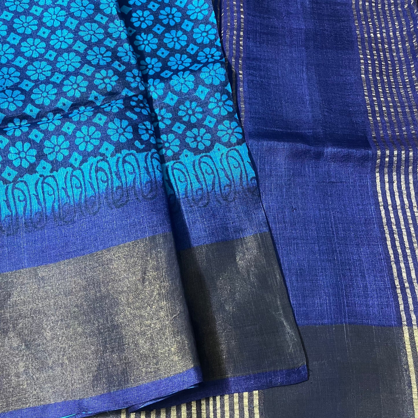 Mudita - Navy Blue Printed Pure Tussar Silk Saree