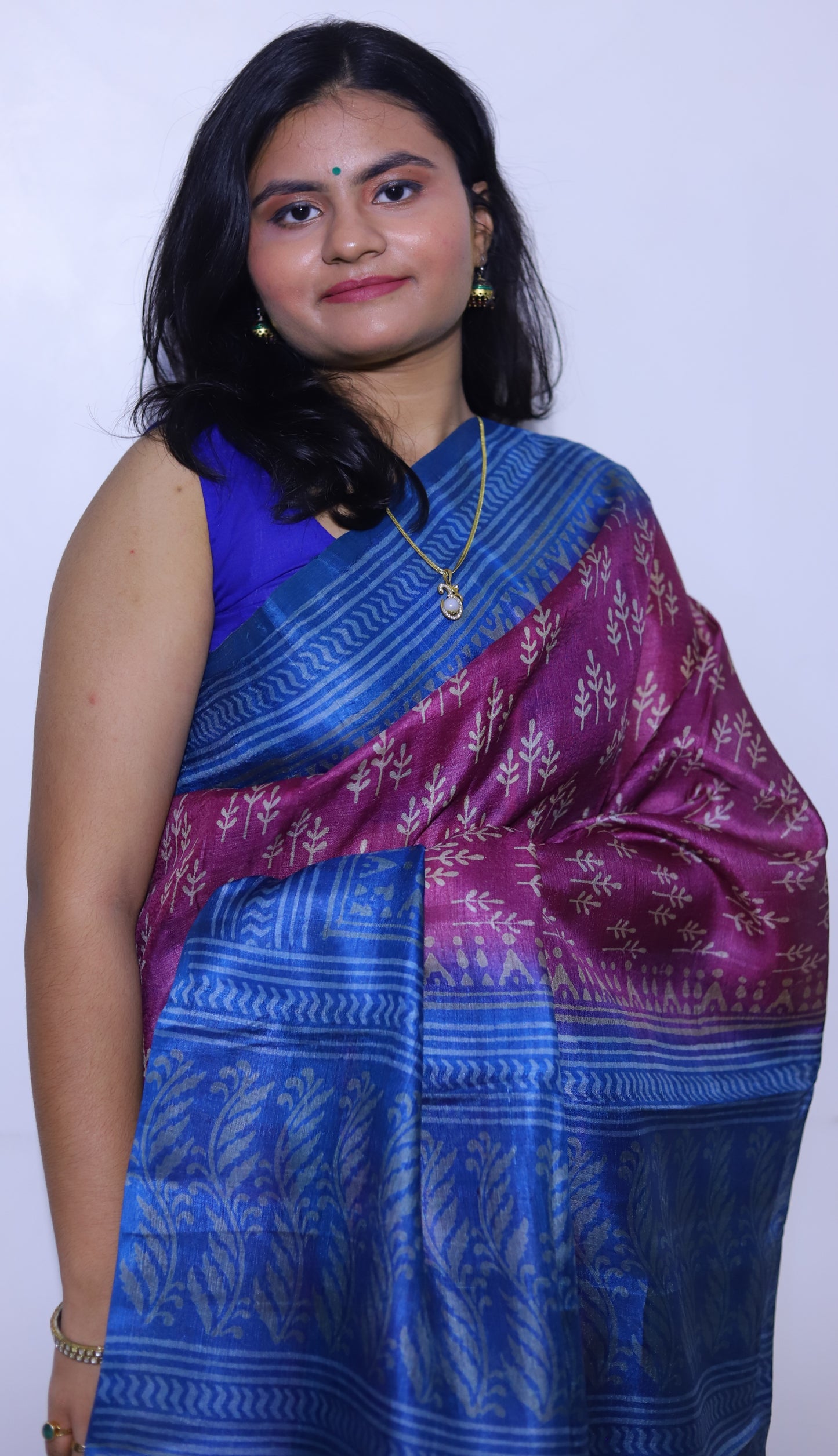 Purple Printed Tussar Silk Saree