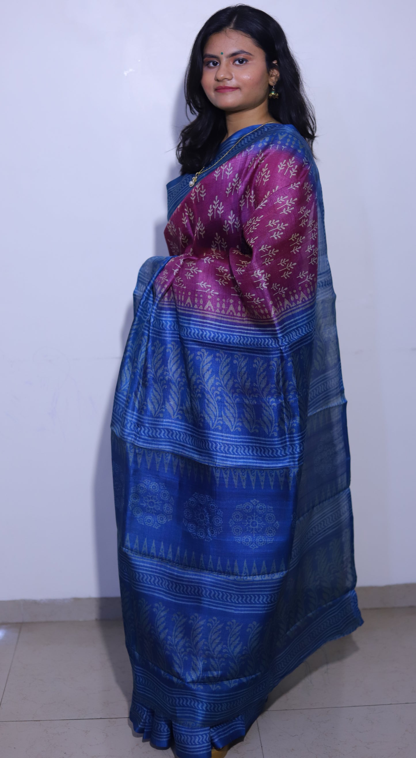 Purple Printed Tussar Silk Saree