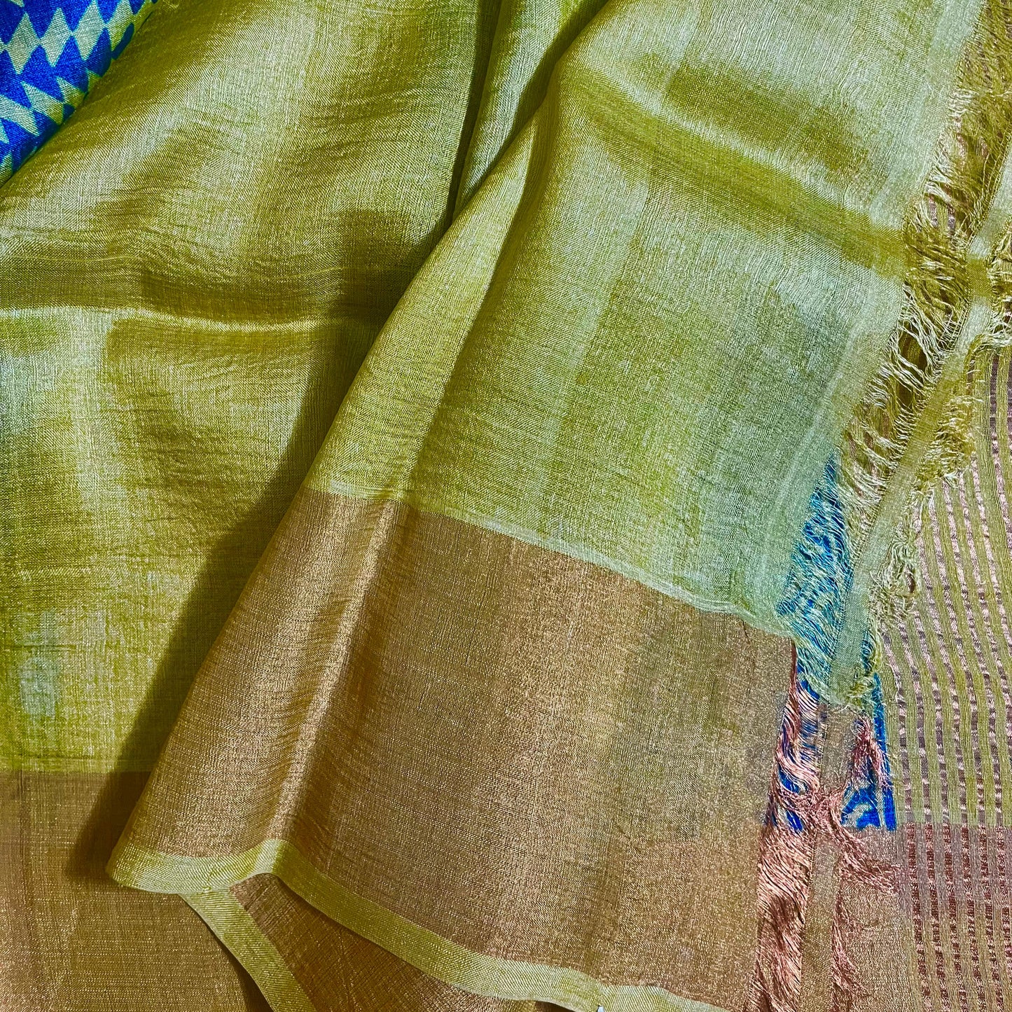 Mudita - Lemon & Teal Printed Pure Tussar Silk Saree