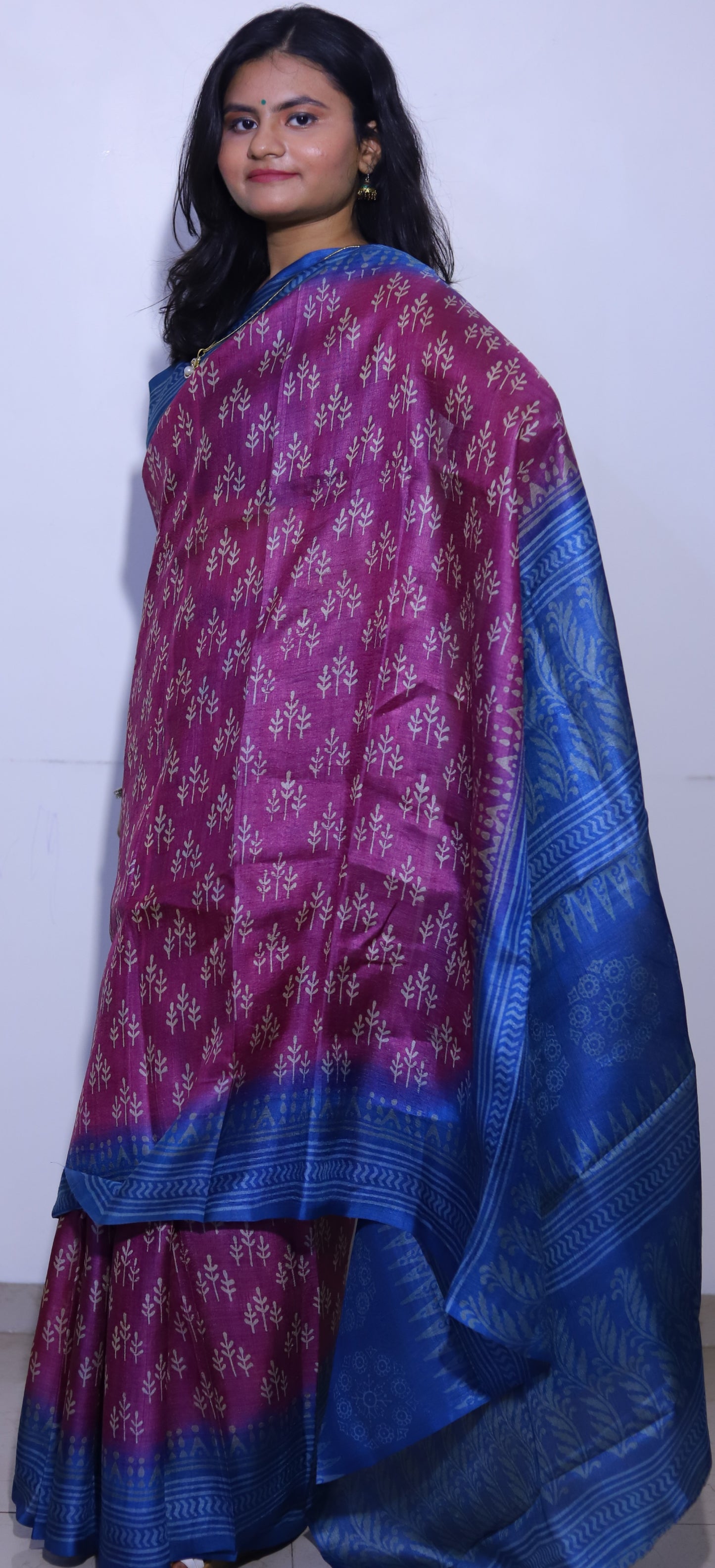 Purple Printed Tussar Silk Saree