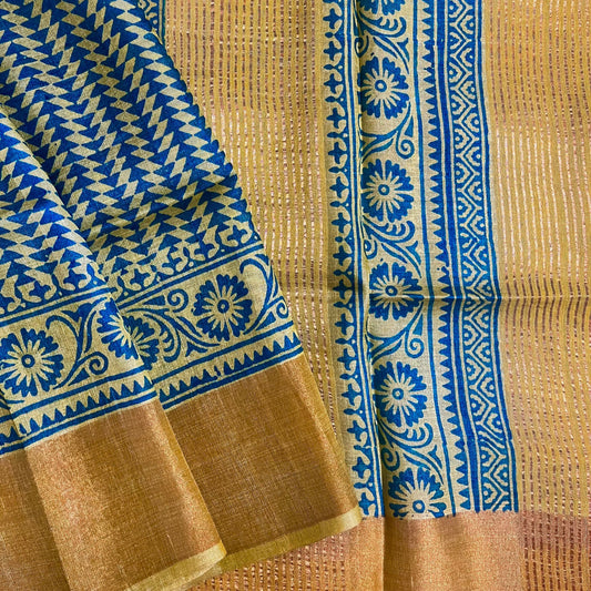 Mudita - Lemon & Teal Printed Pure Tussar Silk Saree