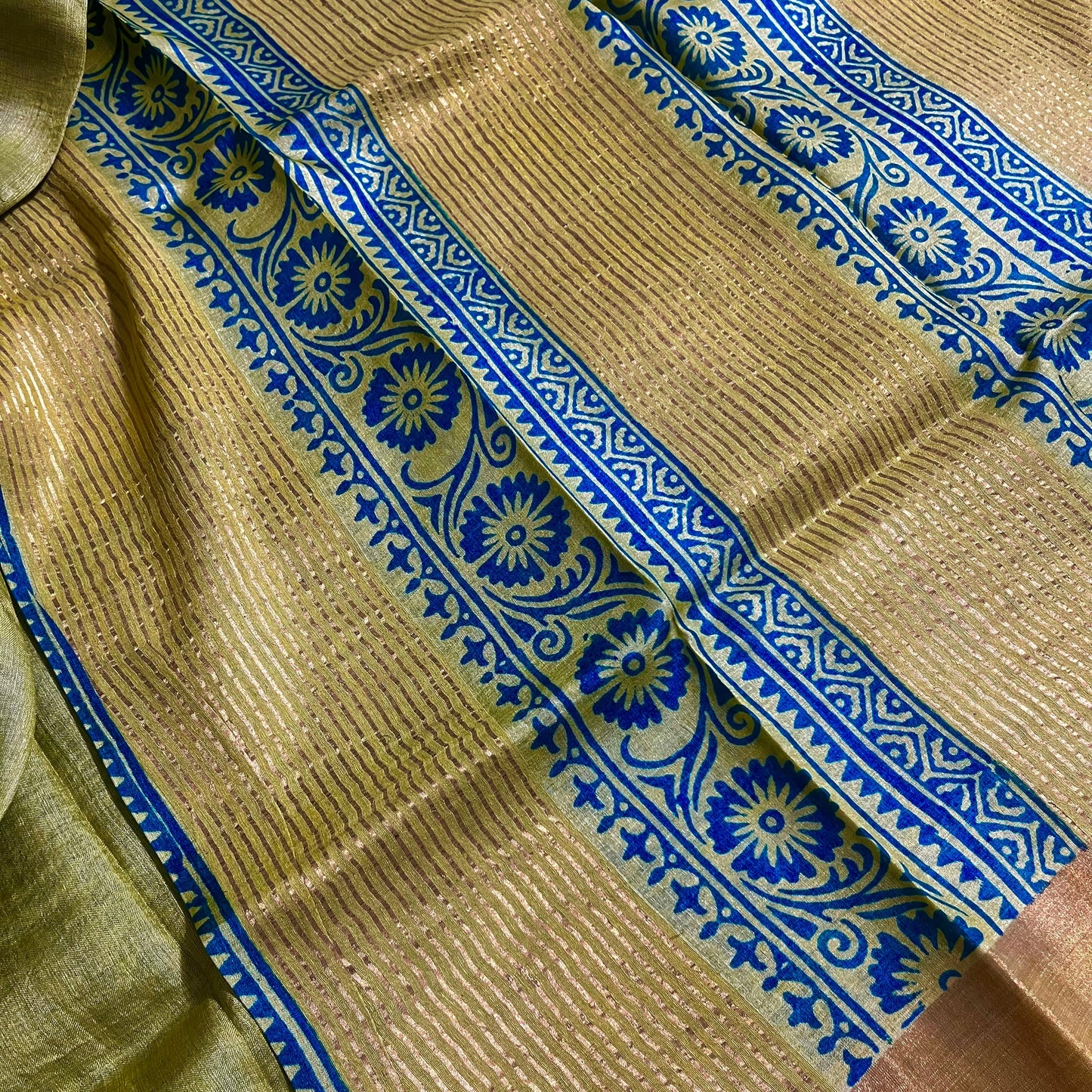 Mudita - Lemon & Teal Printed Pure Tussar Silk Saree