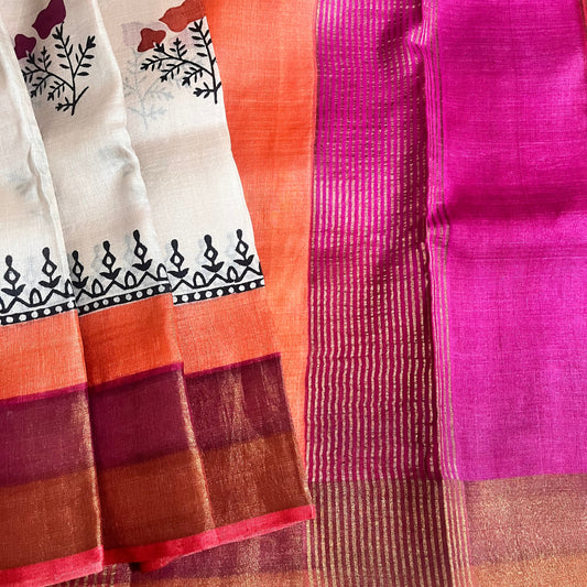 Mudita -Beige Multicolored Pure Tussar Silk Saree