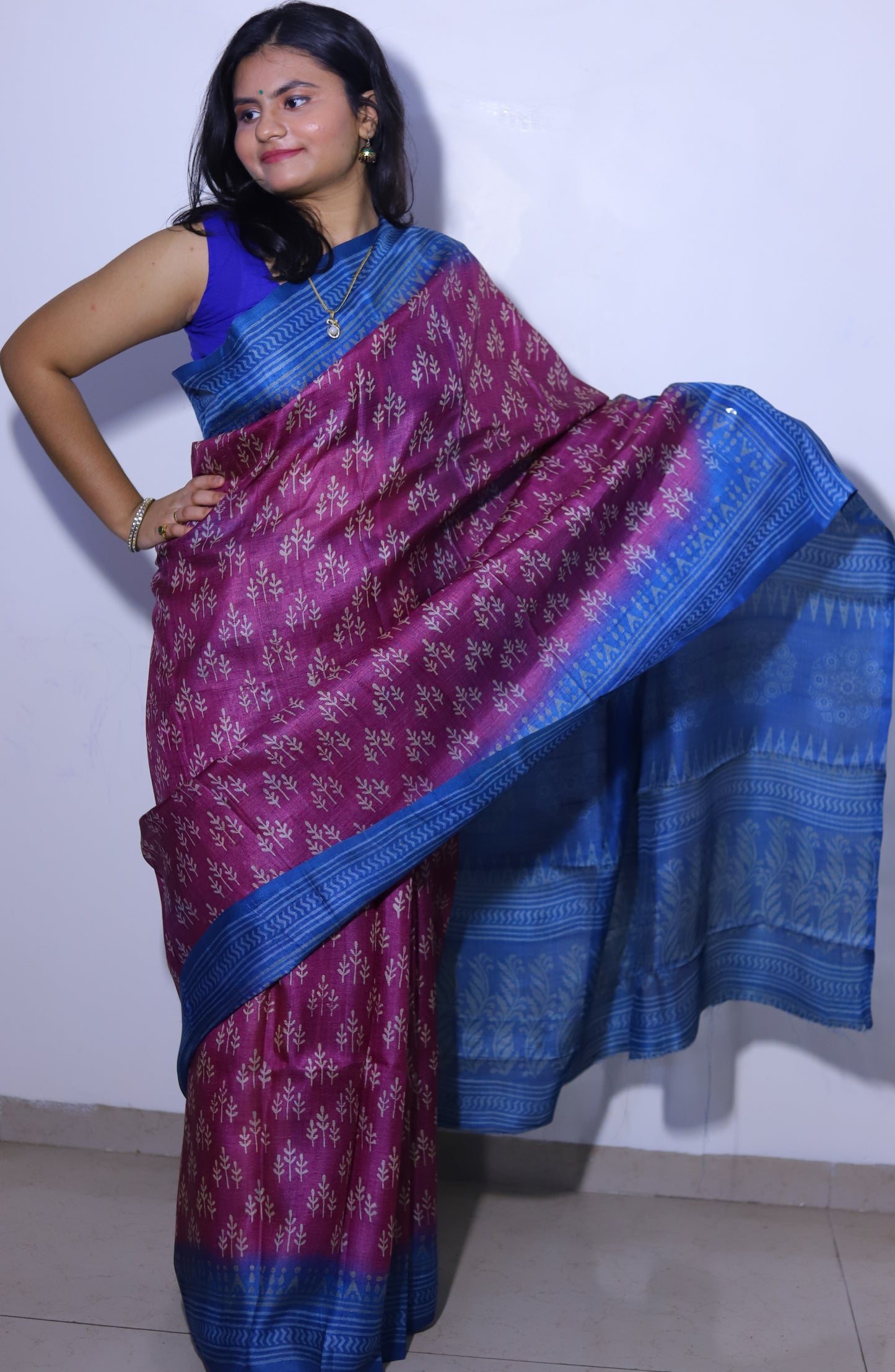 Purple Printed Tussar Silk Saree