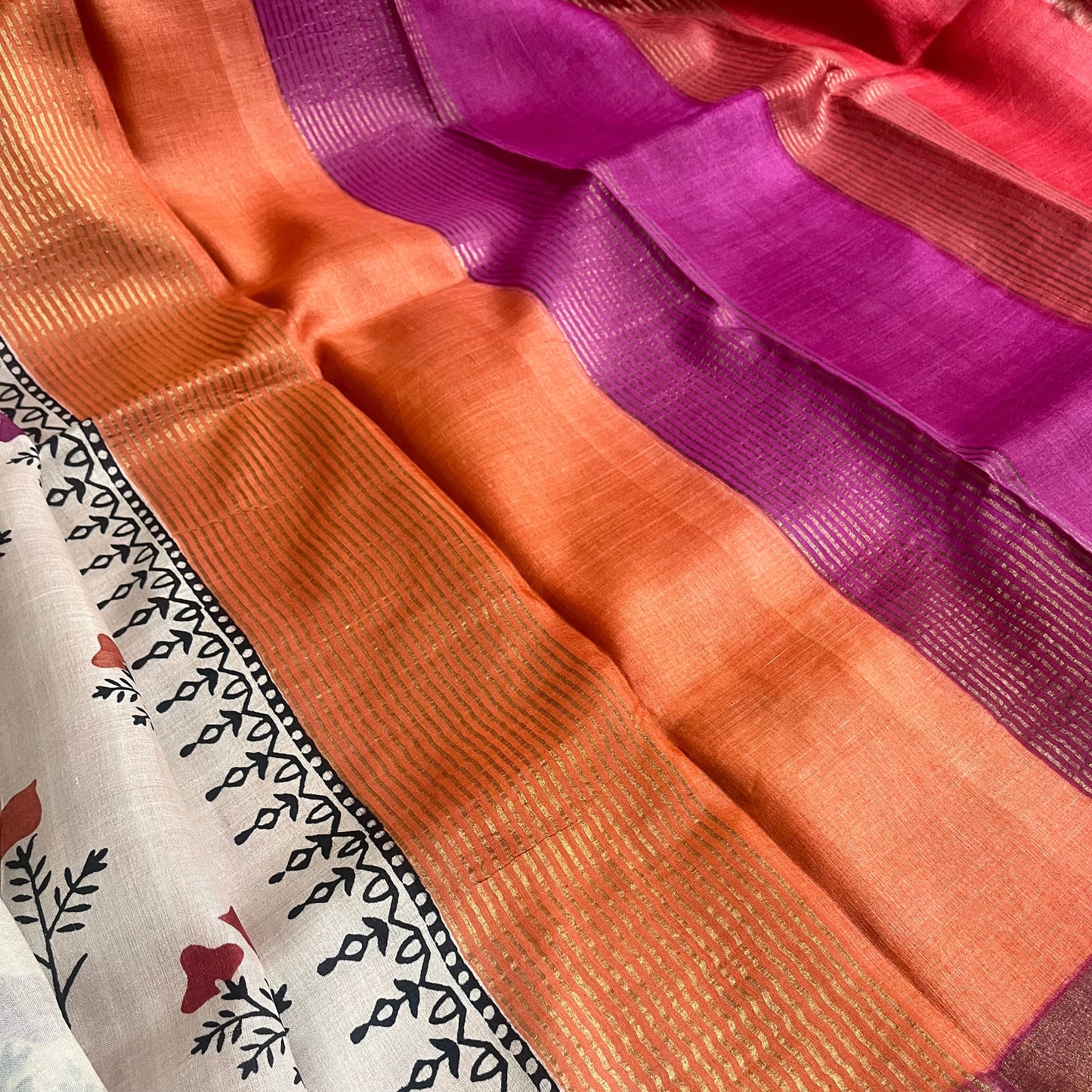 Mudita -Beige Multicolored Pure Tussar Silk Saree