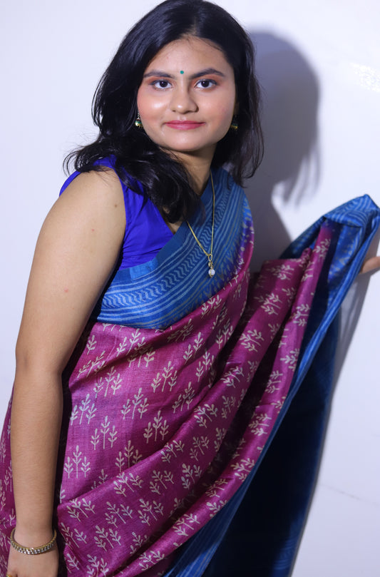 Purple Printed Tussar Silk Saree
