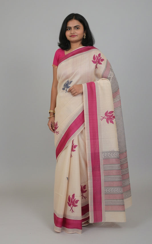 Off White Tussar Silk Saree - Magenta & Grey