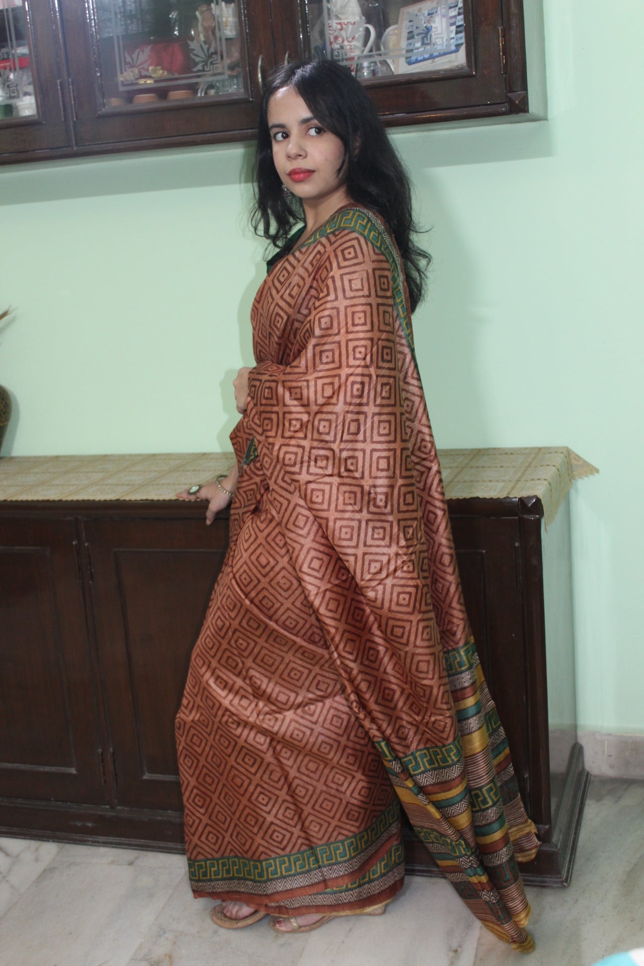 Brown Printed Tussar Silk Saree