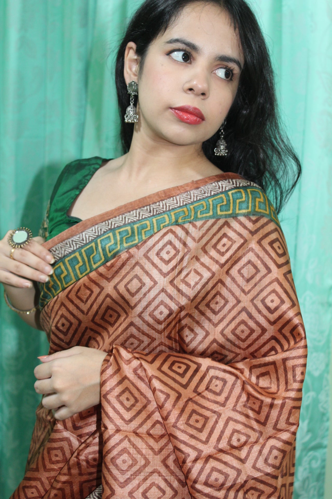 Brown Printed Tussar Silk Saree