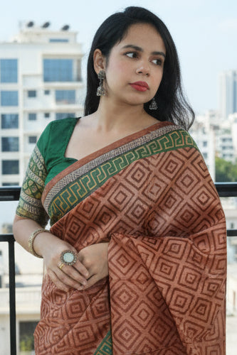 Brown Printed Tussar Silk Saree