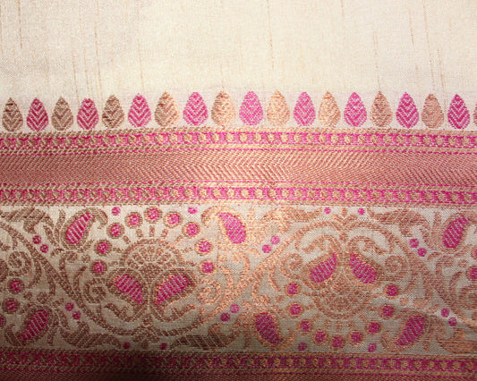 Beige Semi Tussar Silk Saree with Magenta Border