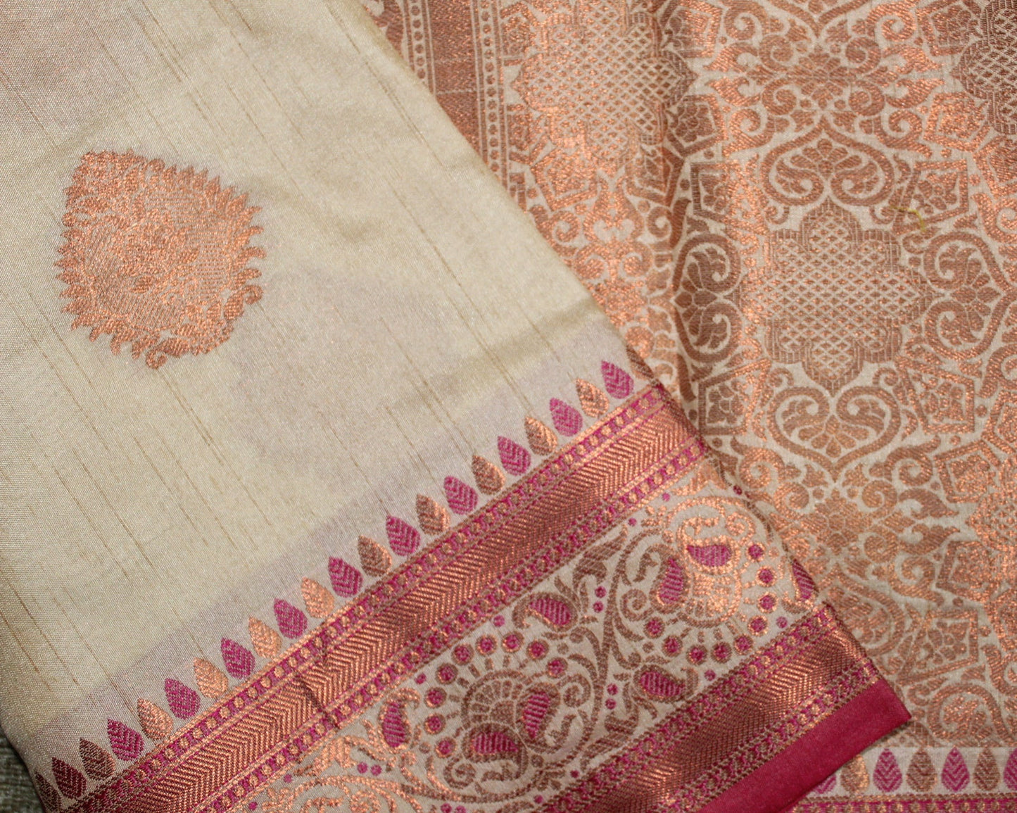 Beige Semi Tussar Silk Saree with Magenta Border