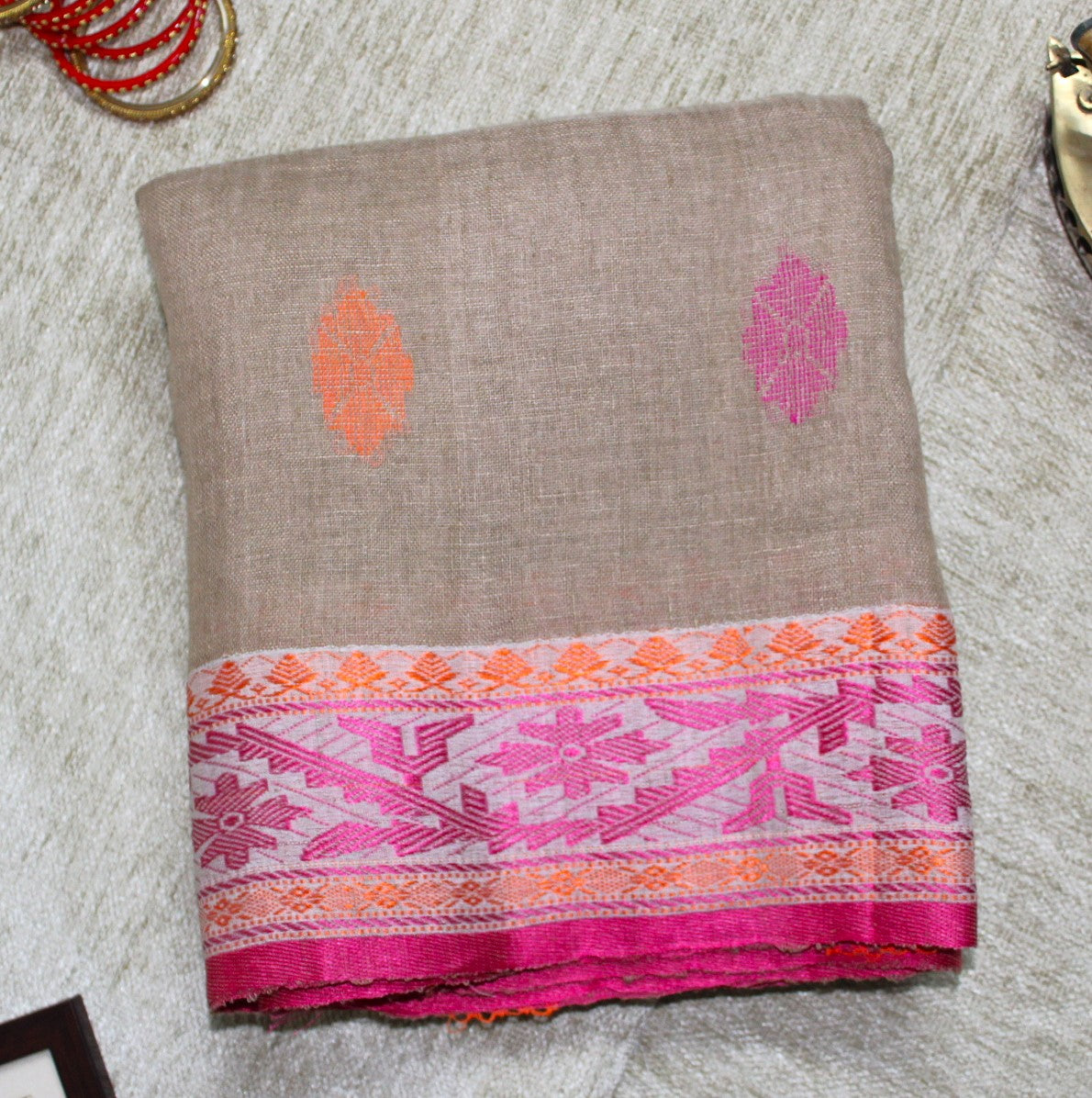 UMA - Light Brown Pure Linen Jamdani Saree
