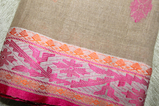 UMA - Light Brown Pure Linen Jamdani Saree