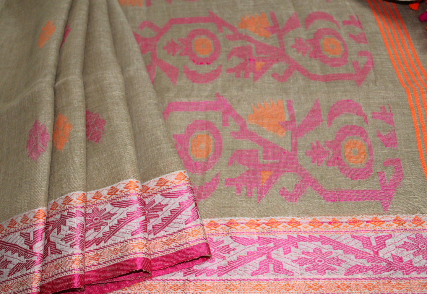 UMA - Light Brown Pure Linen Jamdani Saree