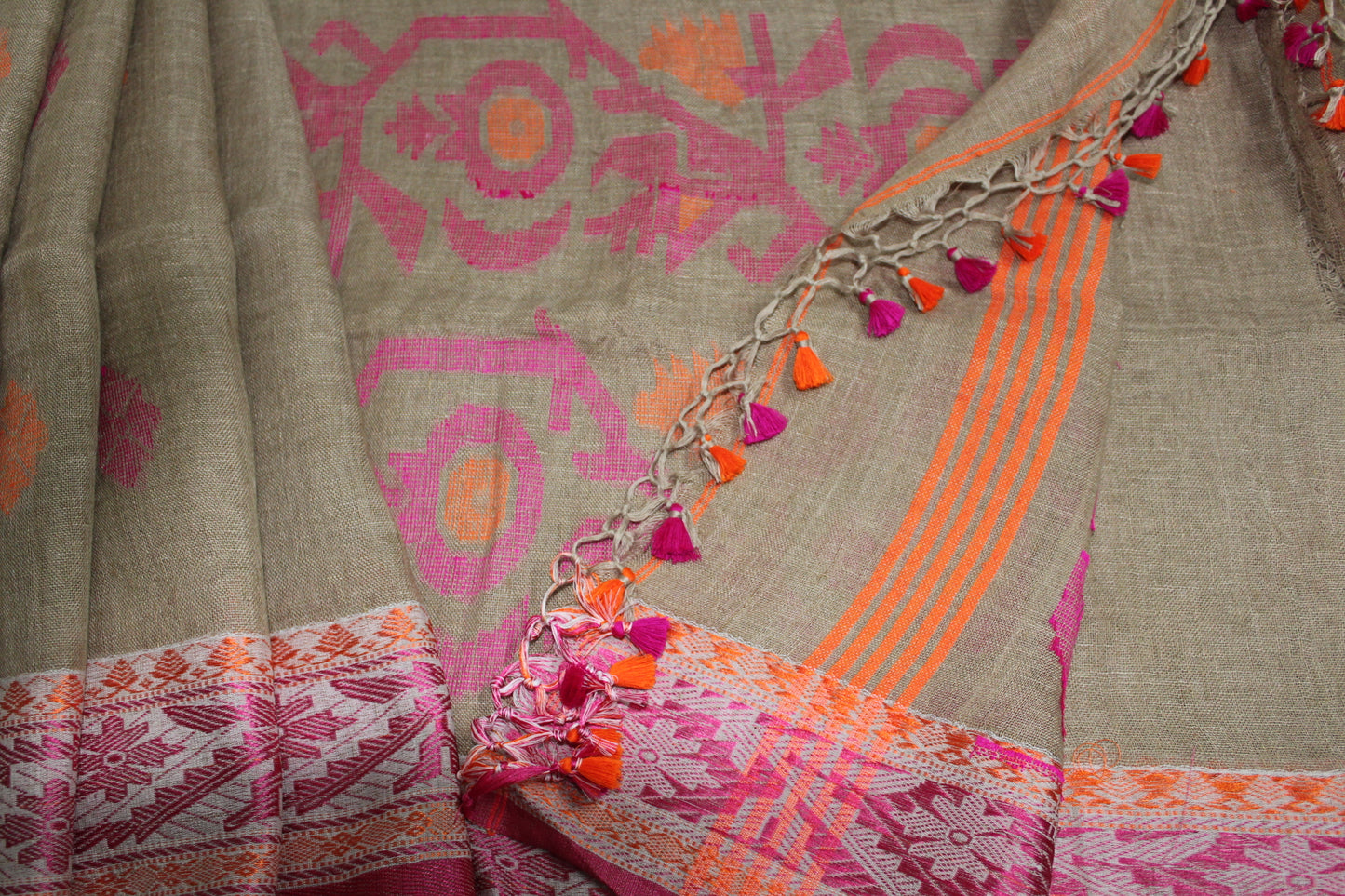 UMA - Light Brown Pure Linen Jamdani Saree
