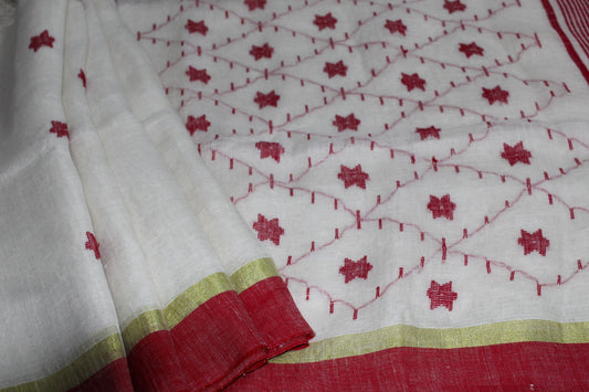 TARA - White Pure Linen Jamdani Saree