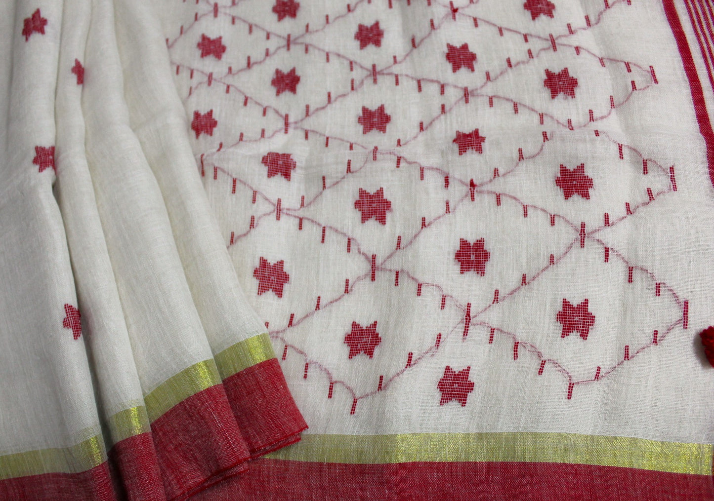 TARA - White Pure Linen Jamdani Saree