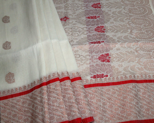 AMBIKA - White Organic Linen Banarasi Handloom Saree with Red Border
