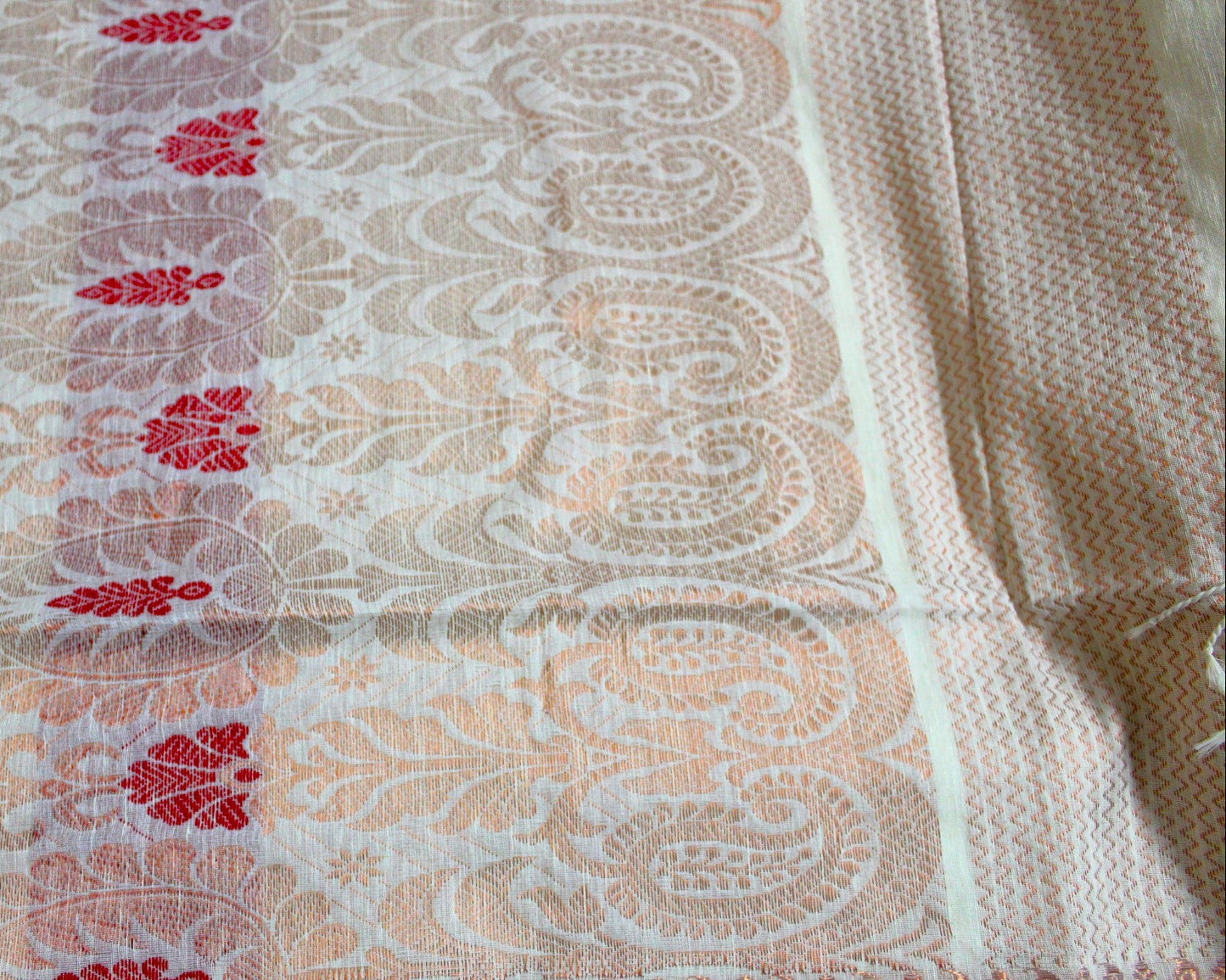 AMBIKA - White Organic Linen Banarasi Handloom Saree with Red Border