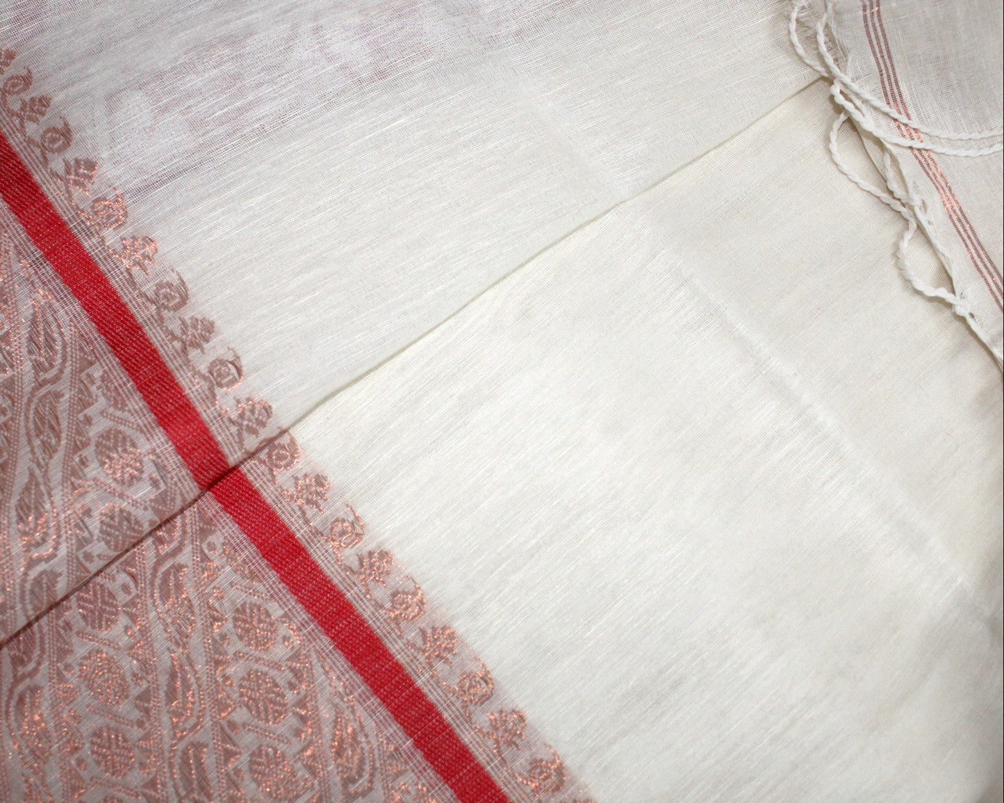 AMBIKA - White Organic Linen Banarasi Handloom Saree with Red Border