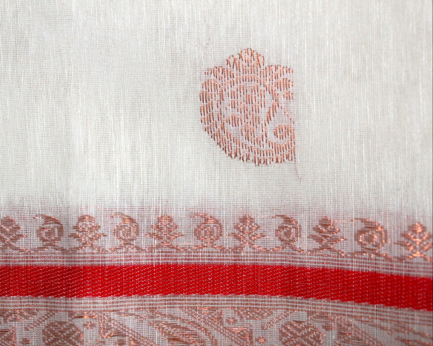 AMBIKA - White Organic Linen Banarasi Handloom Saree with Red Border