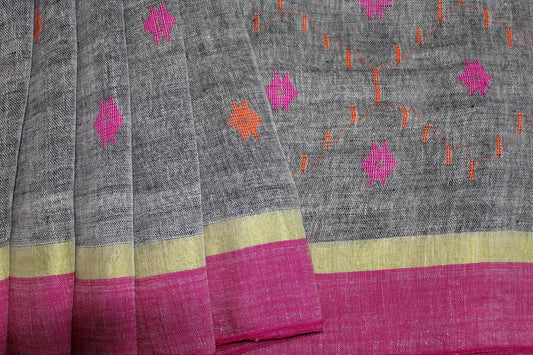 SITARA - Grey Pure Linen Jamdani Saree
