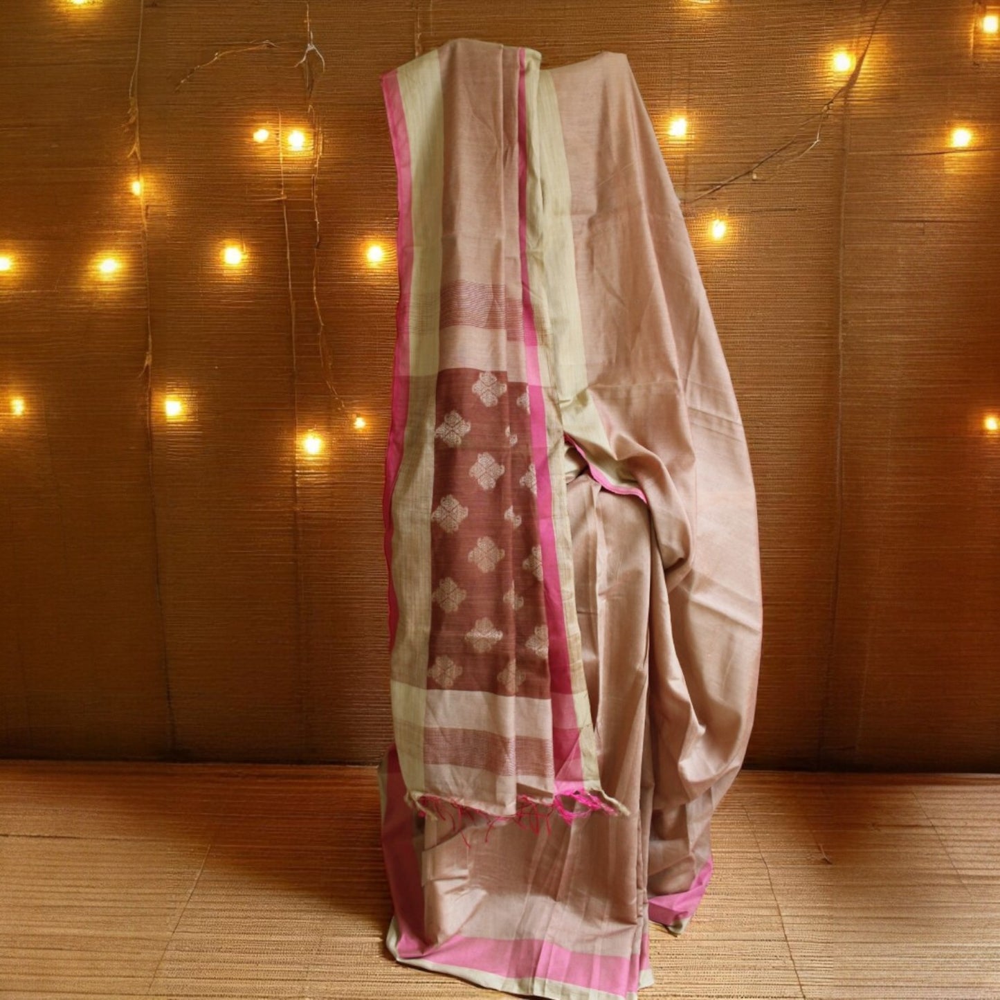 Almond Plain Cotton Silk Saree