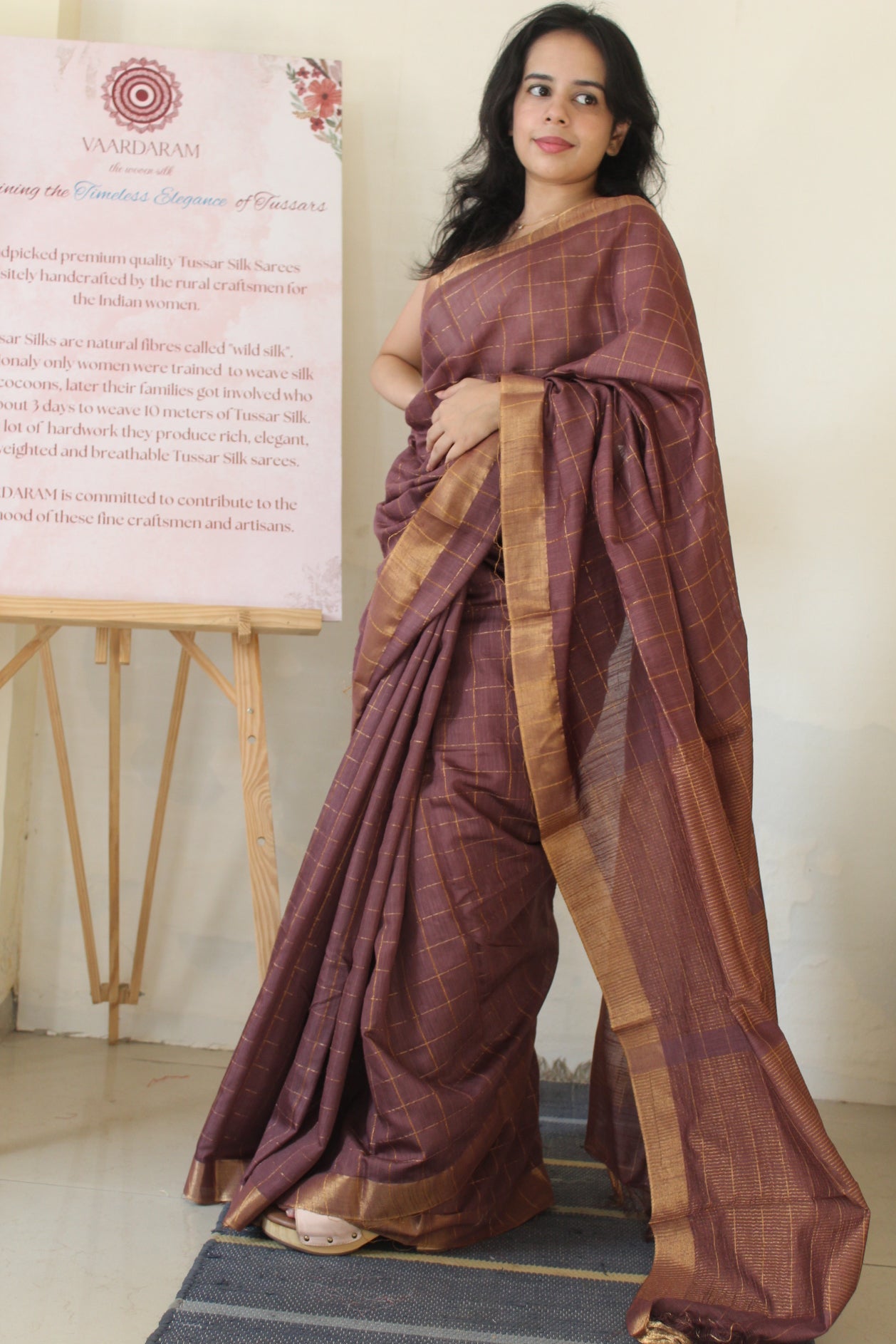 Brown Cotton Silk Zari Checks Saree