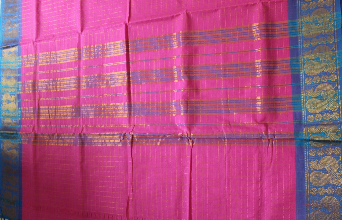 Anvi - Pink Zari Checks Mayuri Border Pure Cotton Saree