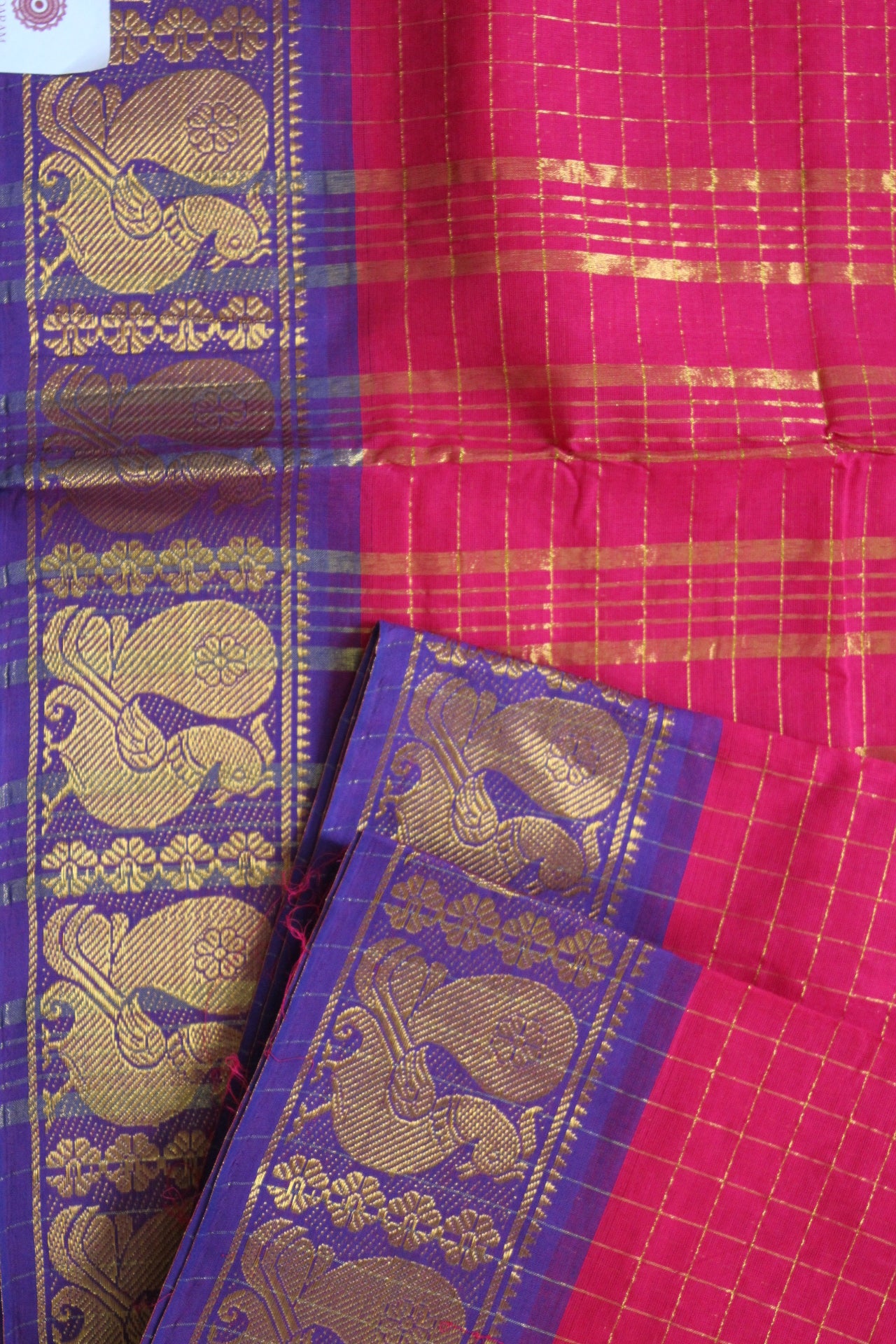 Madhavi - Dark Pink Zari Checks Mayuri Border Pure Cotton Saree