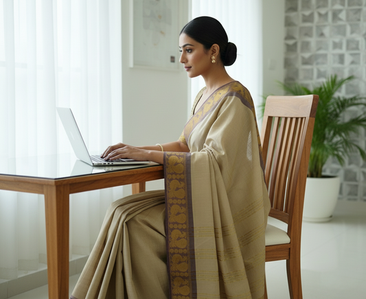 ILA - Beige Zari Checks Pure Cotton Saree