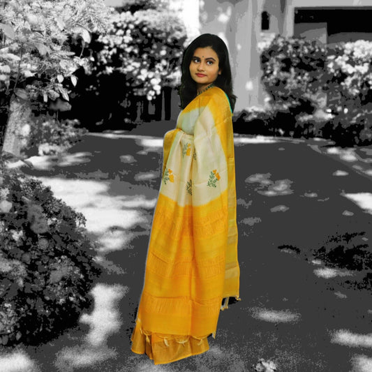 Off White Tussar Silk Saree with Yellow Floral Motifs
