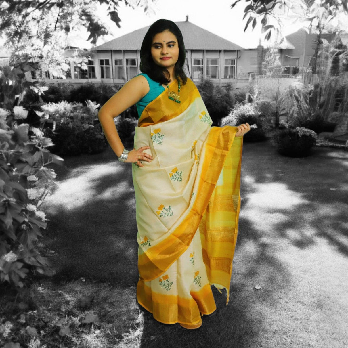 Off White Tussar Silk Saree with Yellow Floral Motifs