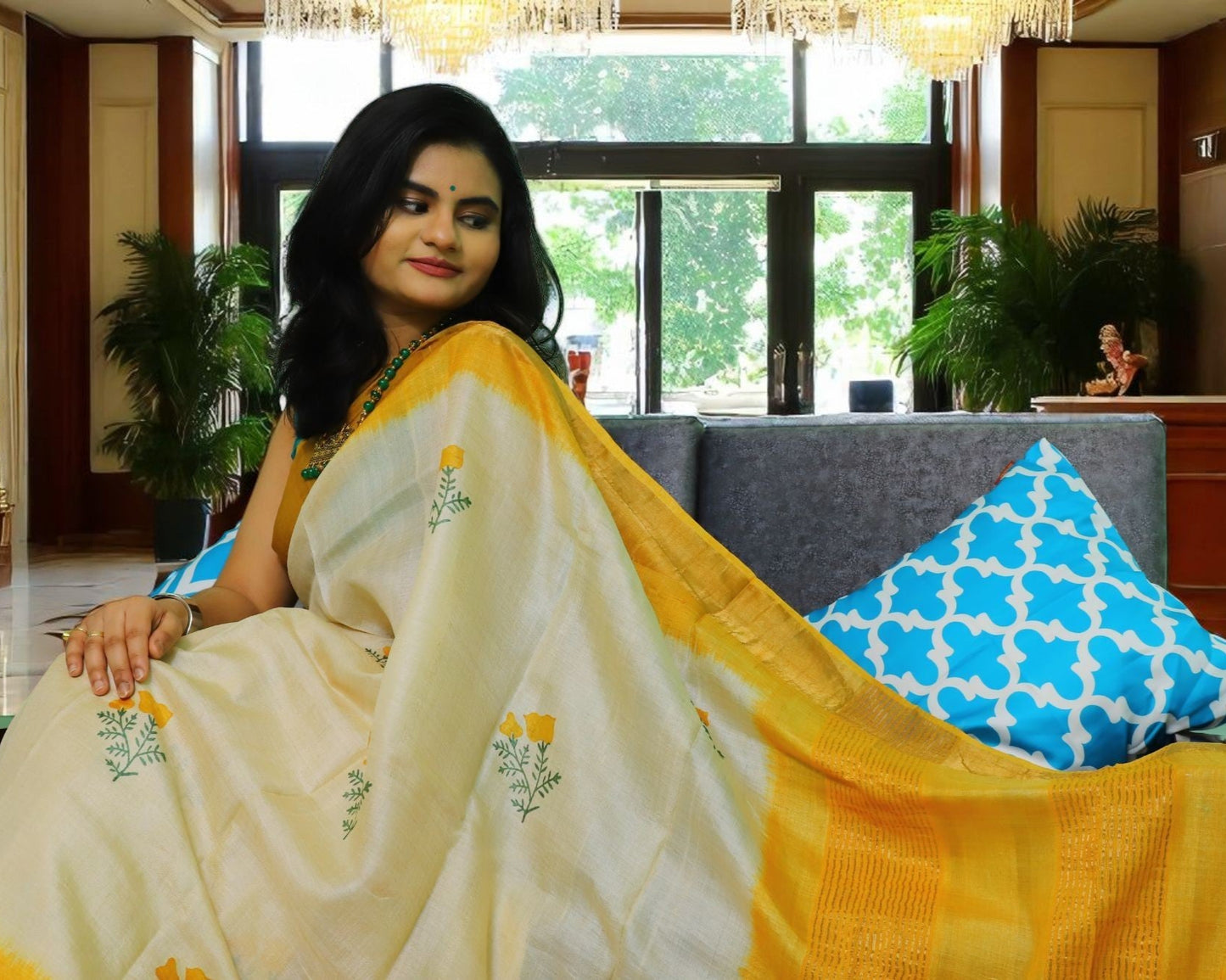 Off White Tussar Silk Saree with Yellow Floral Motifs